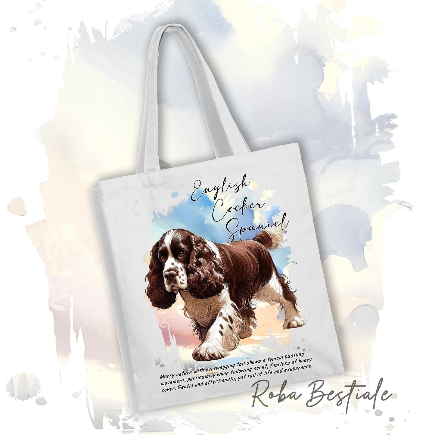 Shopper BEHAVIOR - COCKER SPANIEL INGLESE Fegato e Bianco - Diversi colori disponibili, 100% Cotone