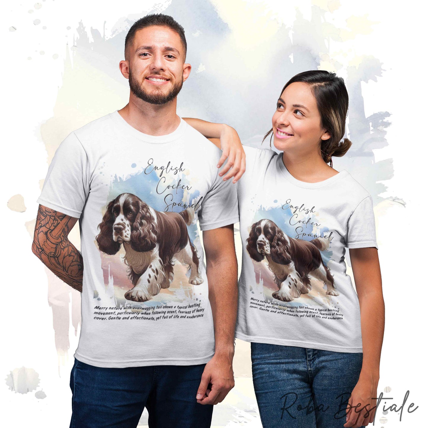 T-Shirt BEHAVIOR - COCKER SPANIEL INGLESE Fegato e Bianco - Standard FCI - 100% Cotone, Bianca, Uomo o Donna - dalla XS alla 5XL