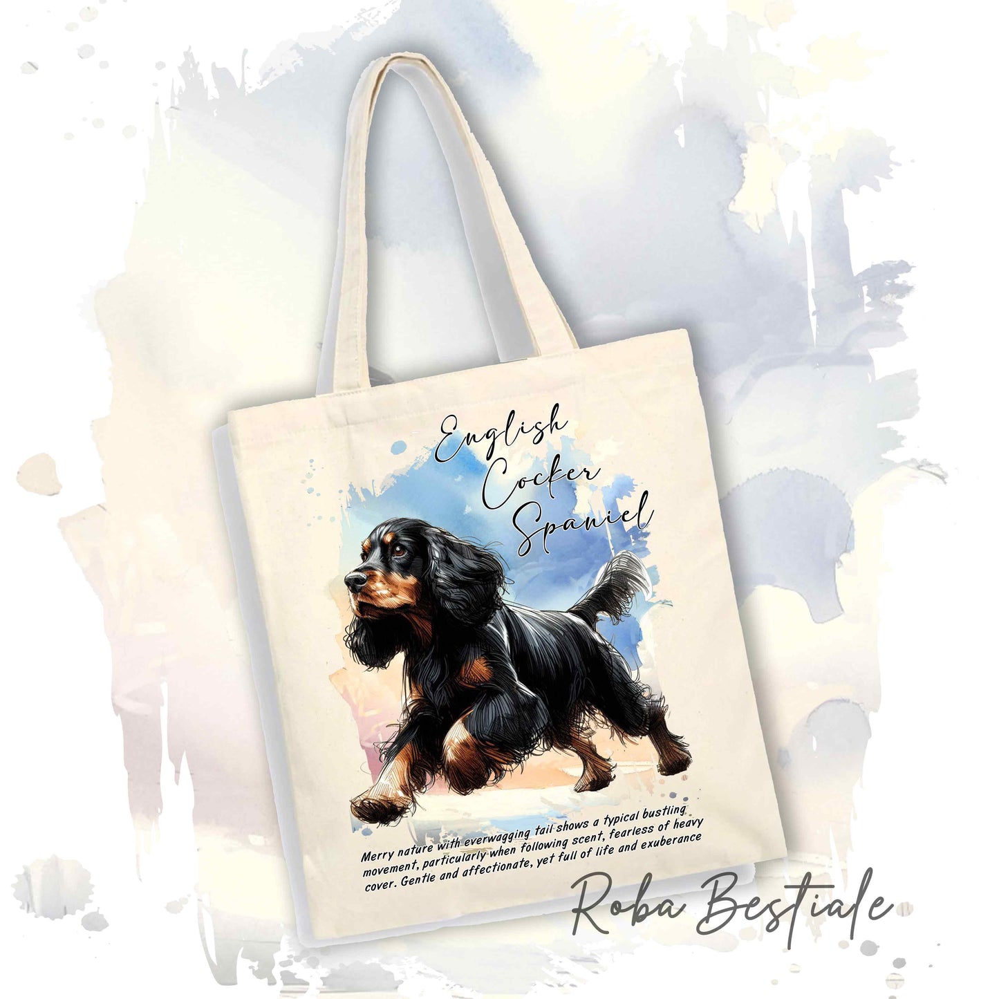 Shopper BEHAVIOR - COCKER SPANIEL INGLESE Nero Focato - Diversi colori disponibili, 100% Cotone