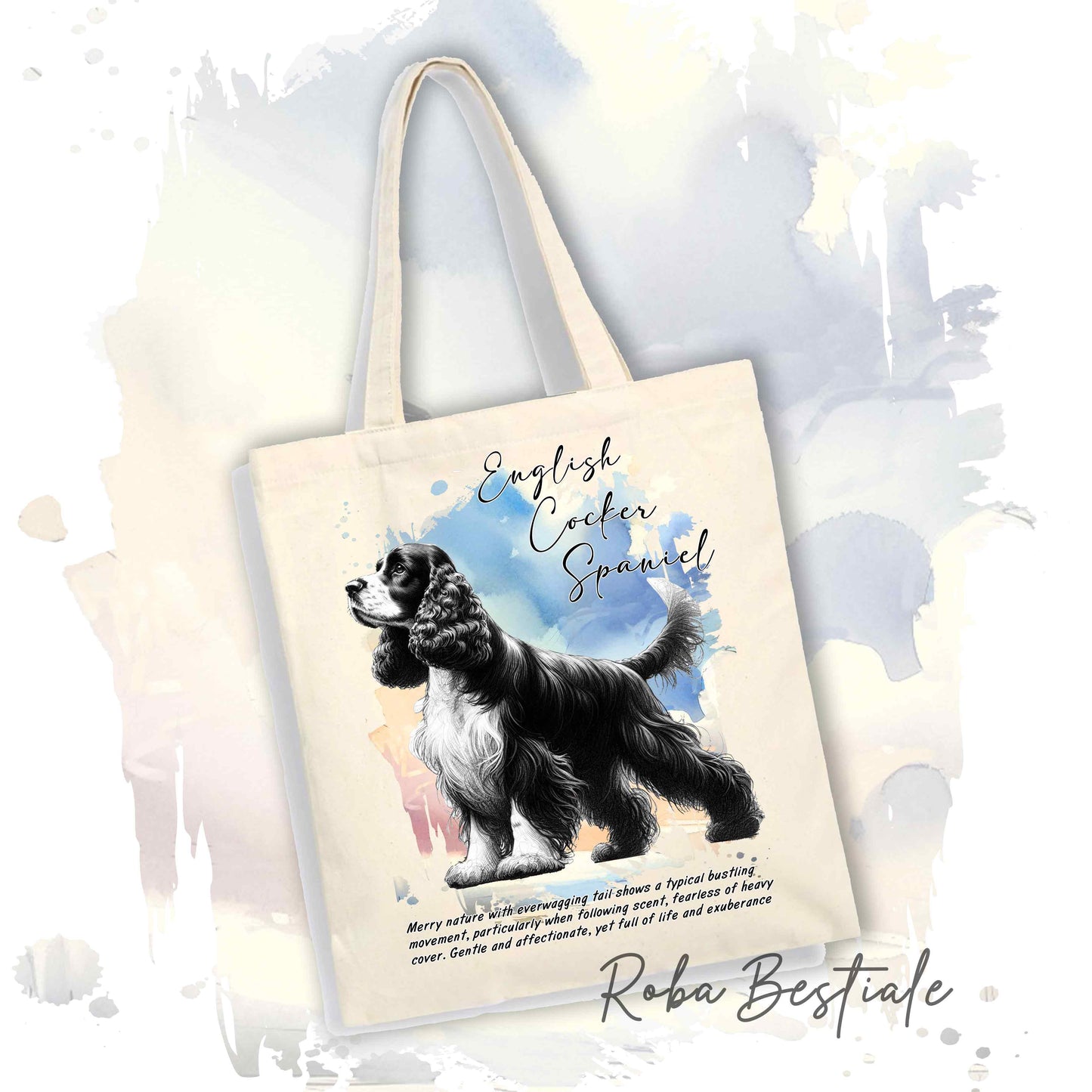 Shopper BEHAVIOR - COCKER SPANIEL INGLESE Nero e Bianco - Diversi colori disponibili, 100% Cotone