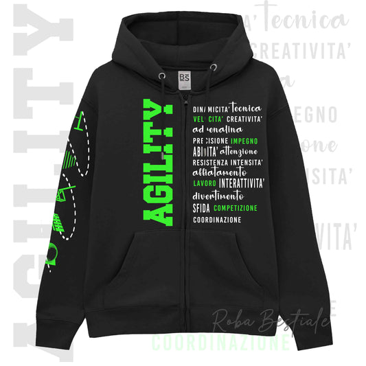Felpa Zip DESCRIPTION - AGILITY - Unisex - Nera - Dettagli in Colore a Scelta - dalla XS alla 3XL