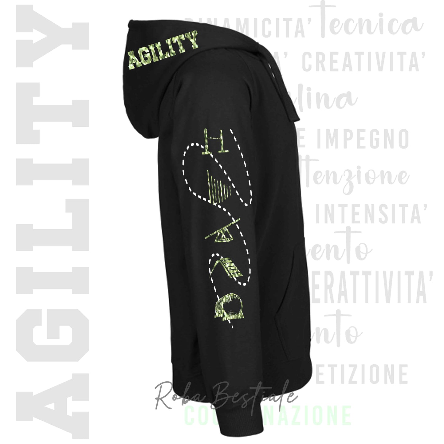 Felpa Zip DESCRIPTION - AGILITY - GLITTER! Unisex - Nera - Dettagli in Colore a Scelta - dalla XS alla 3XL