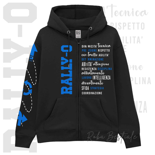Felpa Zip DESCRIPTION - RALLY-O - Unisex - Nera - Dettagli in Colore a Scelta - dalla XS alla 3XL
