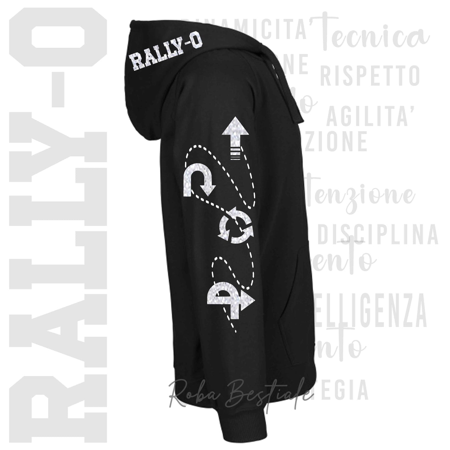 Felpa Zip DESCRIPTION - RALLY-O - GLITTER! Unisex - Nera - Dettagli in Colore a Scelta - dalla XS alla 3XL