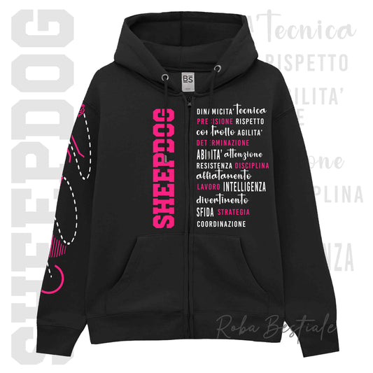 Felpa Zip DESCRIPTION - SHEEPDOG - Unisex - Nera - Dettagli in Colore a Scelta - dalla XS alla 3XL