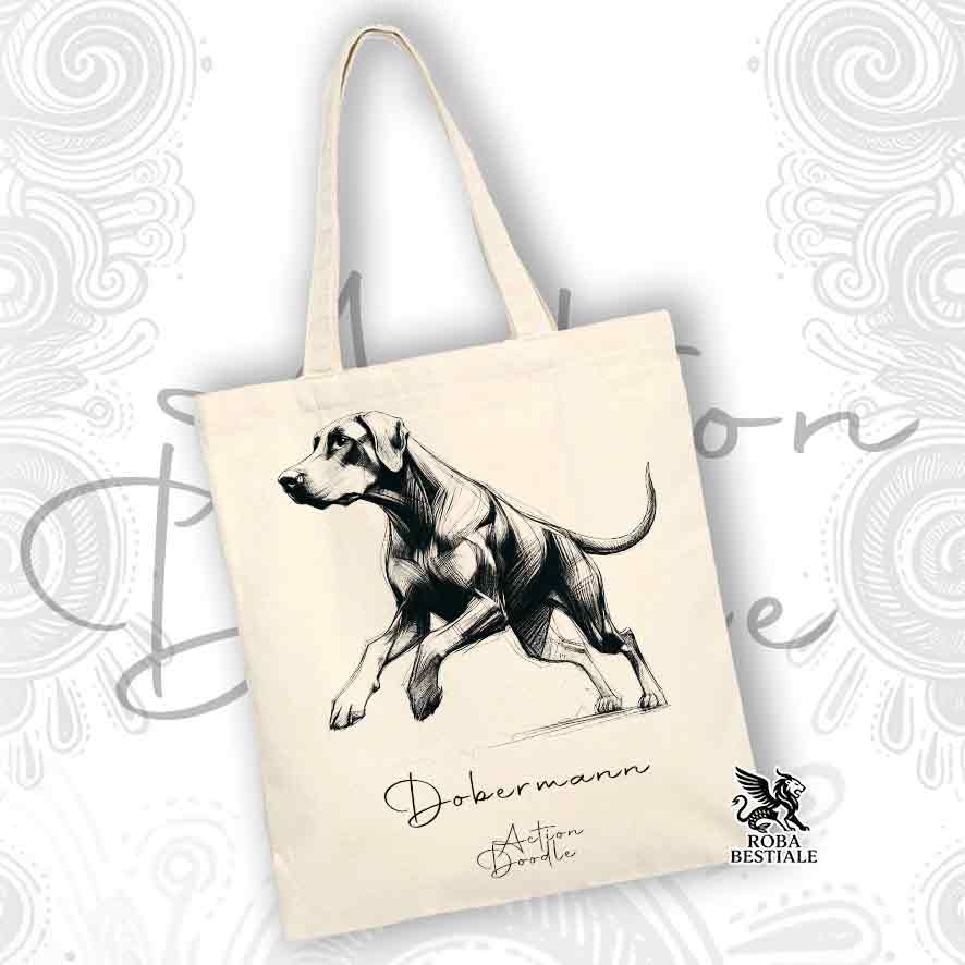 Tote Bag ACTION DOODLE - DOBERMANN - 100% Cotone - Bianca o Beige