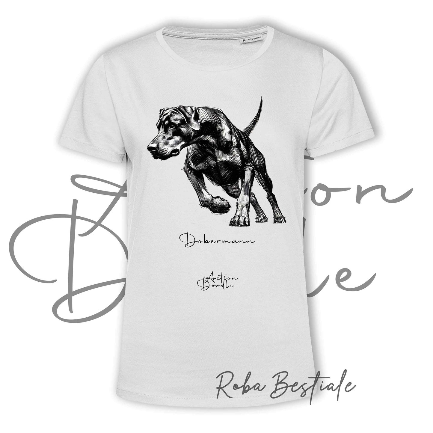 T-Shirt ACTION DOODLE - DOBERMANN 1 - 100% Cotone, Bianca, Uomo o Donna - dalla XS alla 5XL