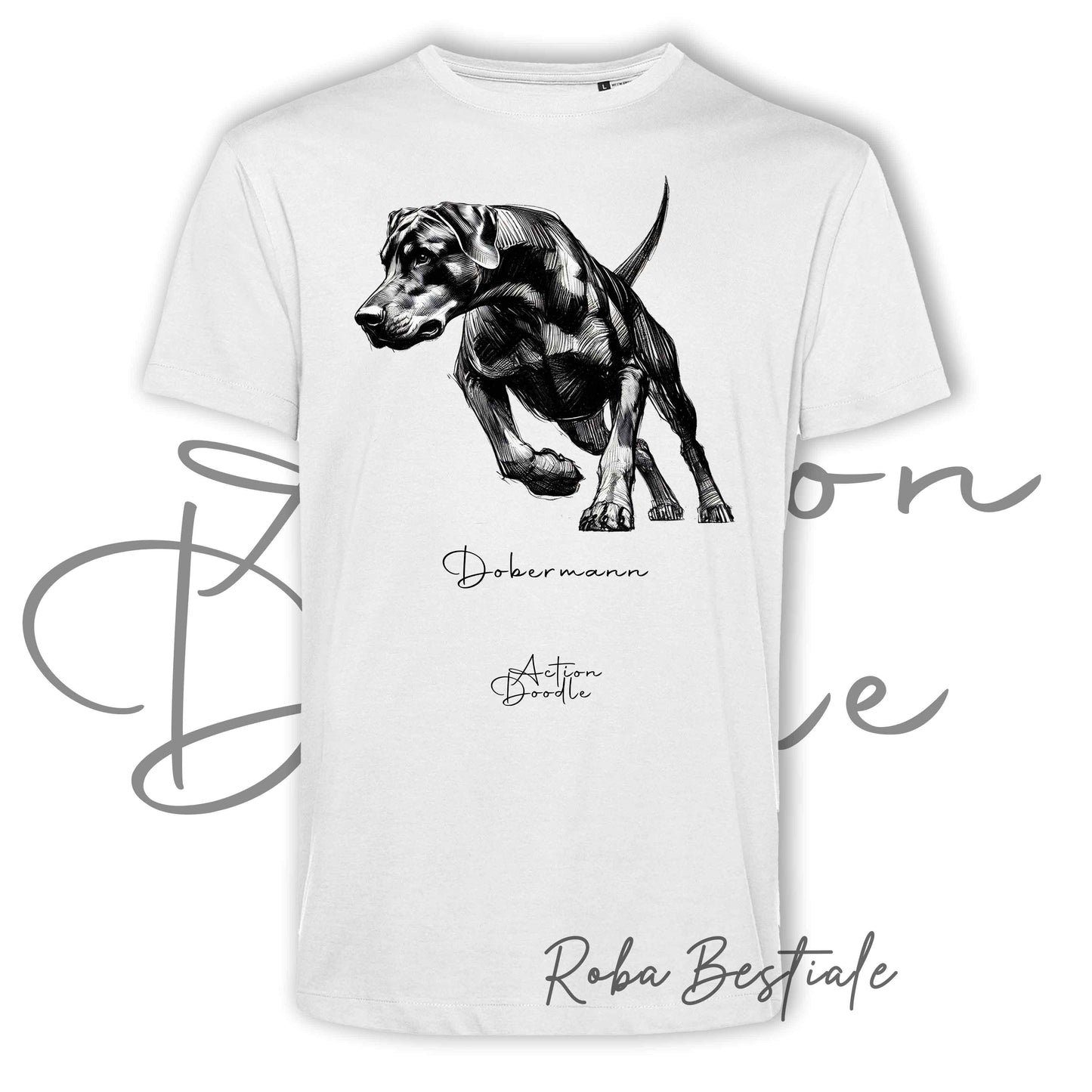 T-Shirt ACTION DOODLE - DOBERMANN 1 - 100% Cotone, Bianca, Uomo o Donna - dalla XS alla 5XL