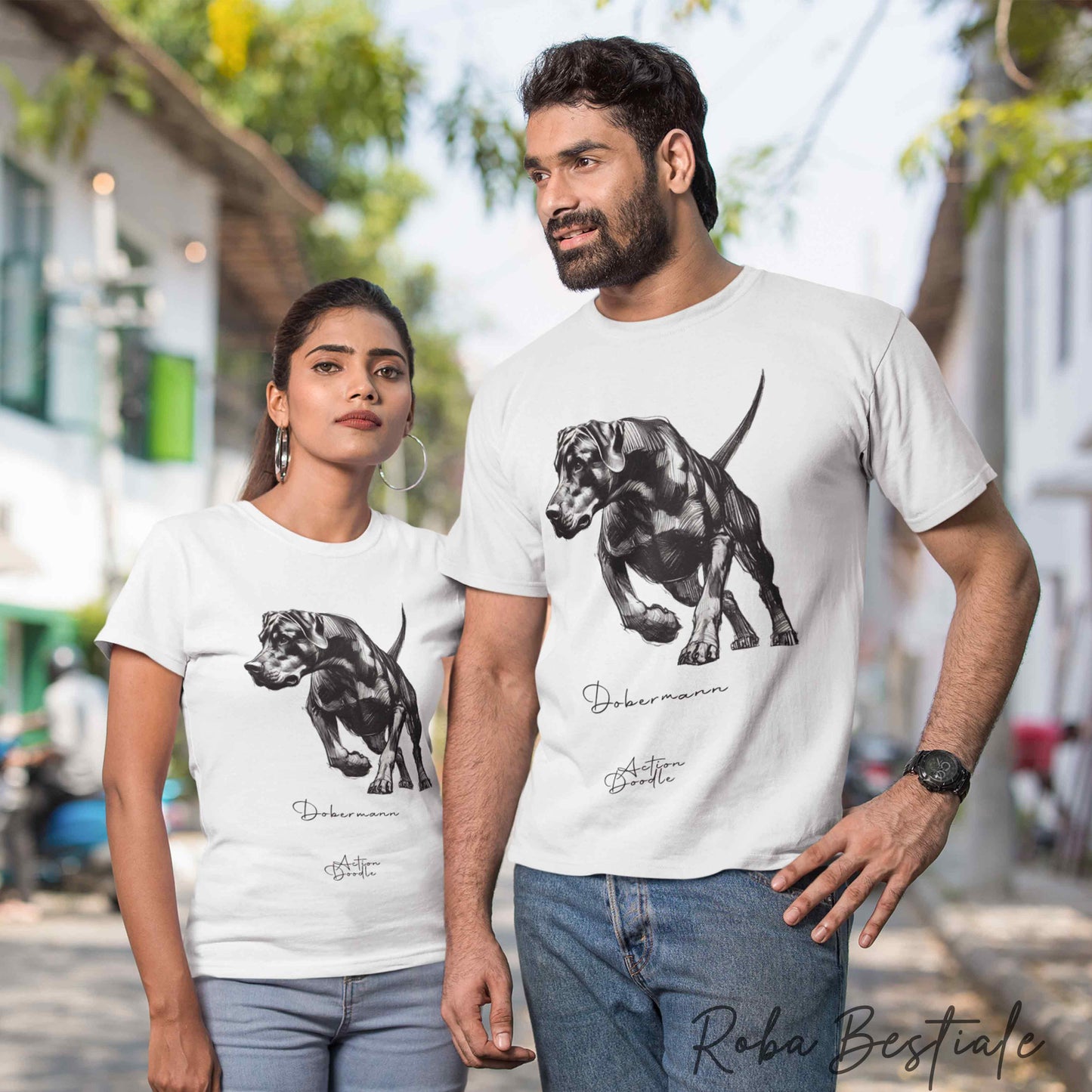 T-Shirt ACTION DOODLE - DOBERMANN 1 - 100% Cotone, Bianca, Uomo o Donna - dalla XS alla 5XL