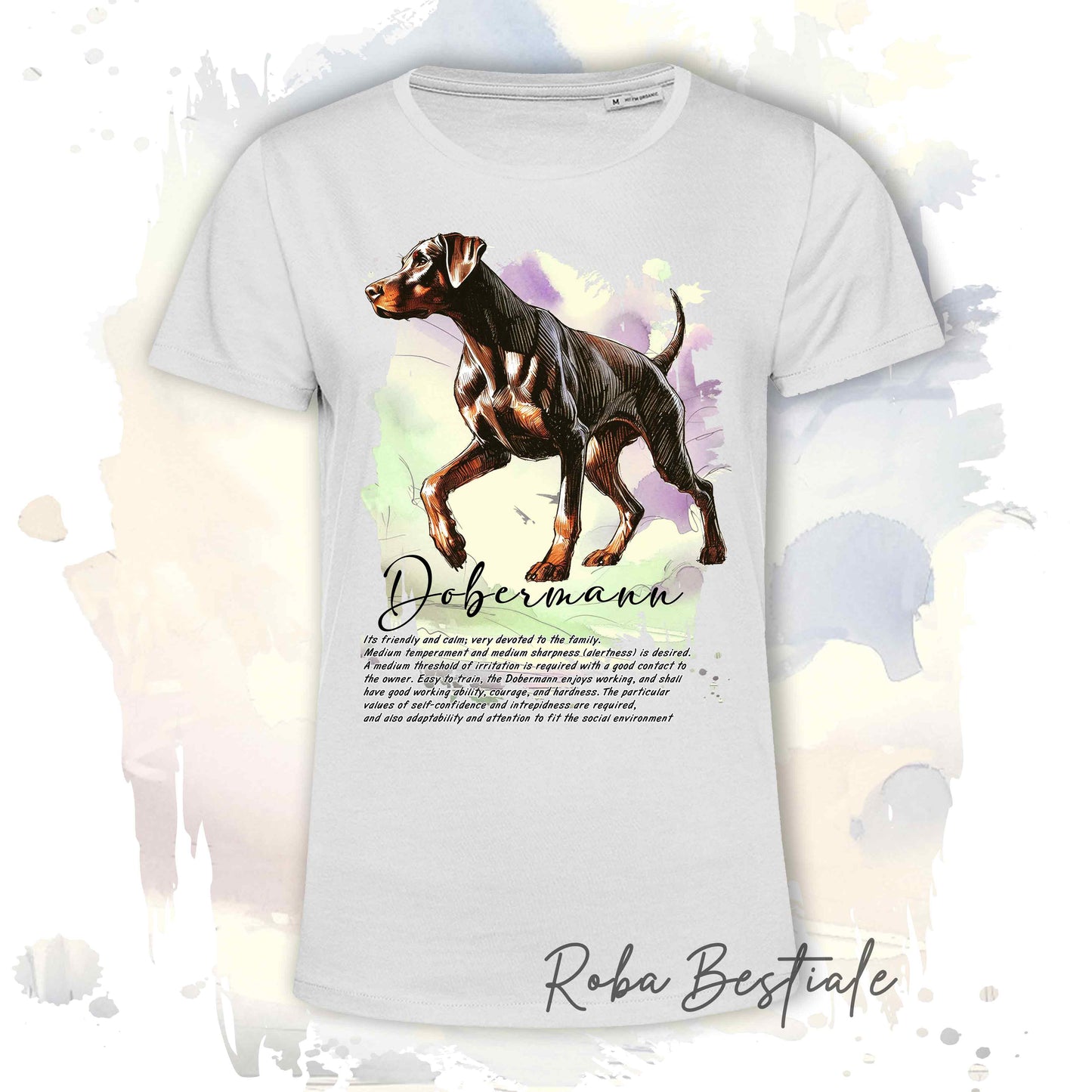 T-Shirt BEHAVIOR - DOBERMANN Marrone Focato - Standard FCI - 100% Cotone, Bianca, Uomo o Donna - dalla XS alla 5XL