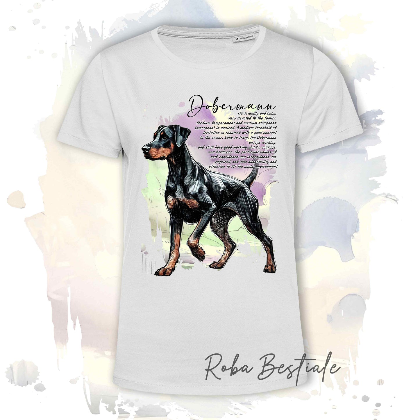 T-Shirt BEHAVIOR - DOBERMANN Nero Focato - Standard FCI - 100% Cotone, Bianca, Uomo o Donna - dalla XS alla 5XL