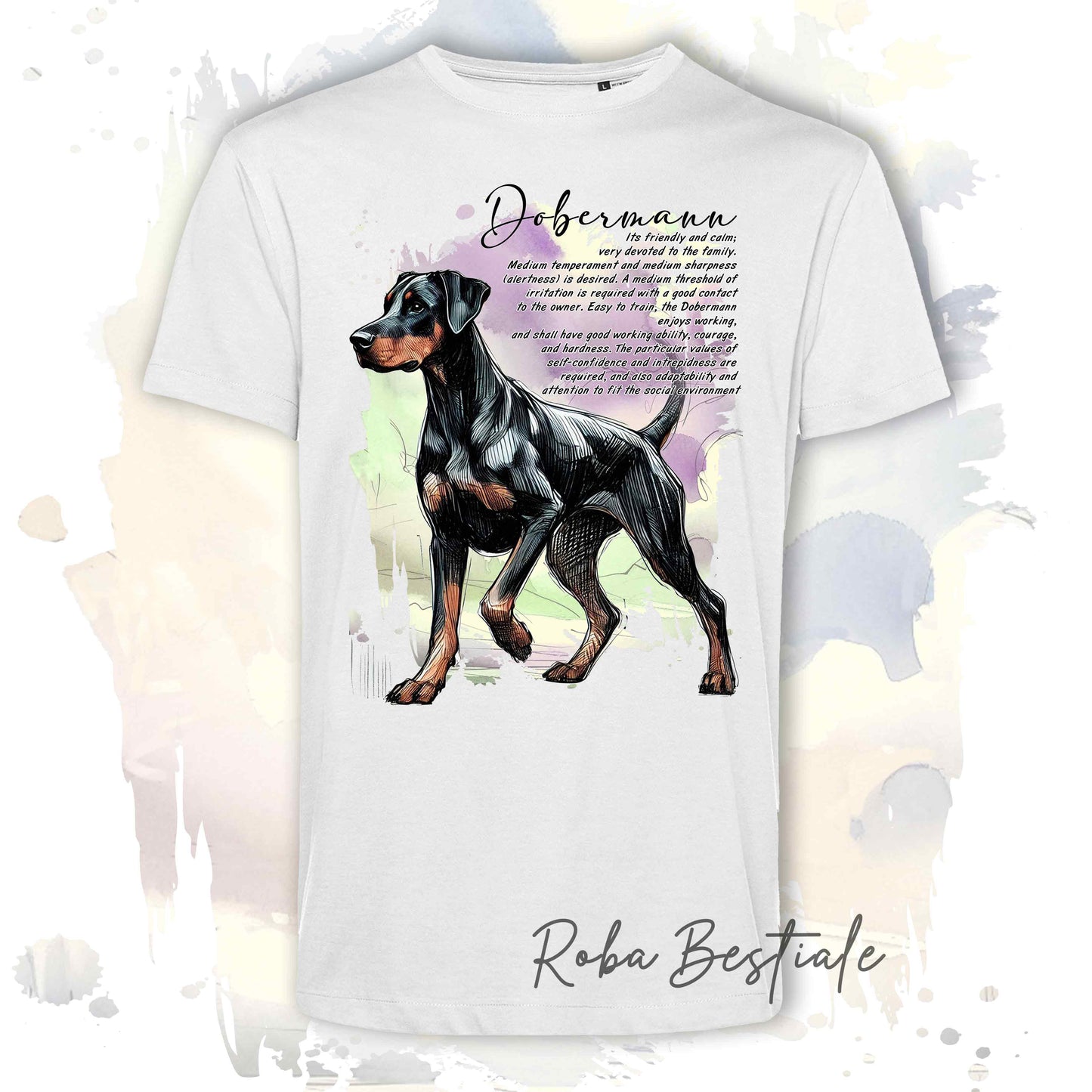 T-Shirt BEHAVIOR - DOBERMANN Nero Focato - Standard FCI - 100% Cotone, Bianca, Uomo o Donna - dalla XS alla 5XL