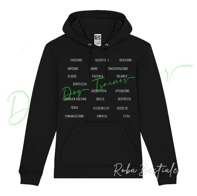 Felpa DOG TRAINER - SKILLS2 - NERA - Unisex, Scritta principale in colore a scelta, 80% cotone - 4 colori disponibili