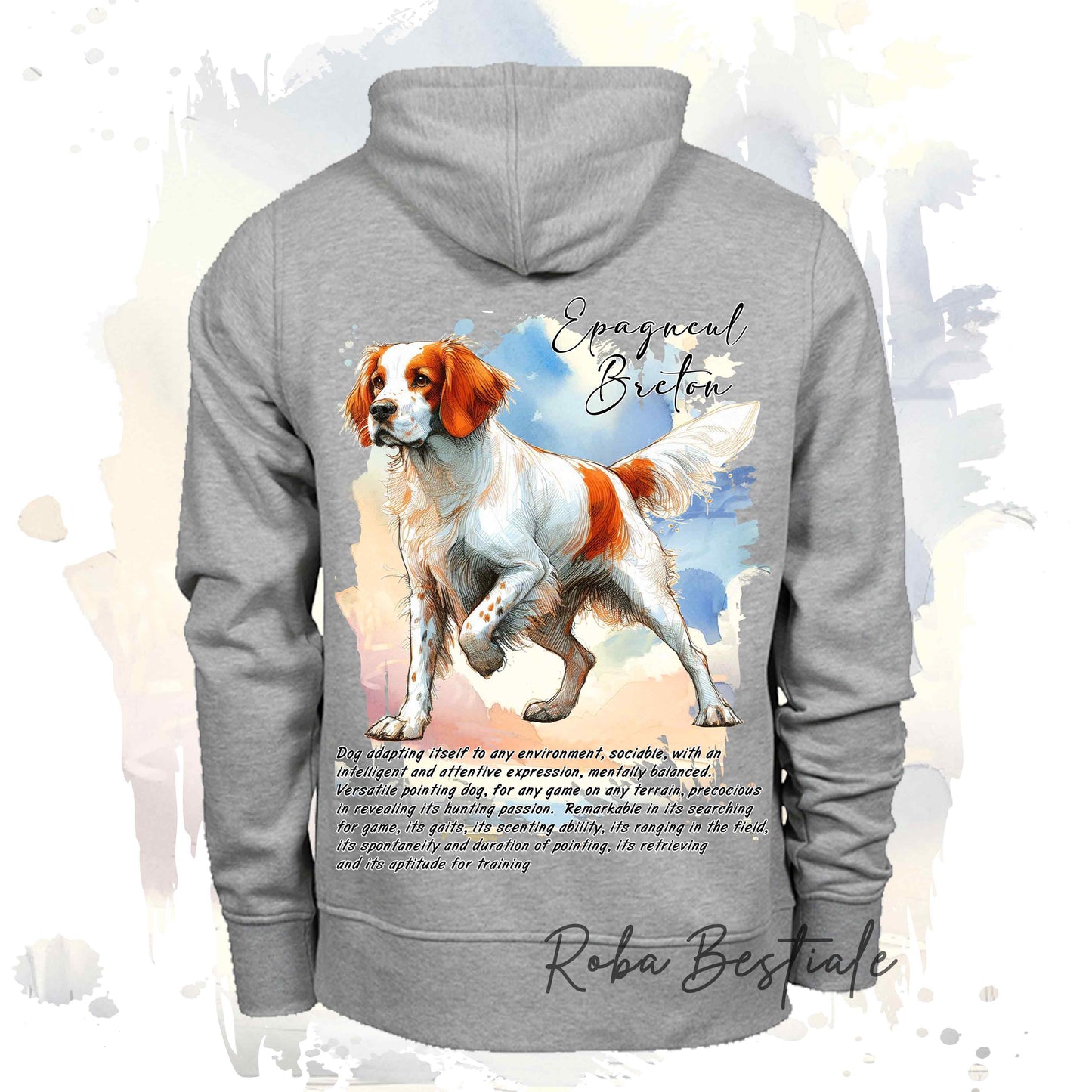 Felpa BEHAVIOR - EPAGNEUL BRETON o BRITTANY SPANIEL Bianco Arancio - Standard FCI - Unisex - Grigia - dalla XS alla 3XL