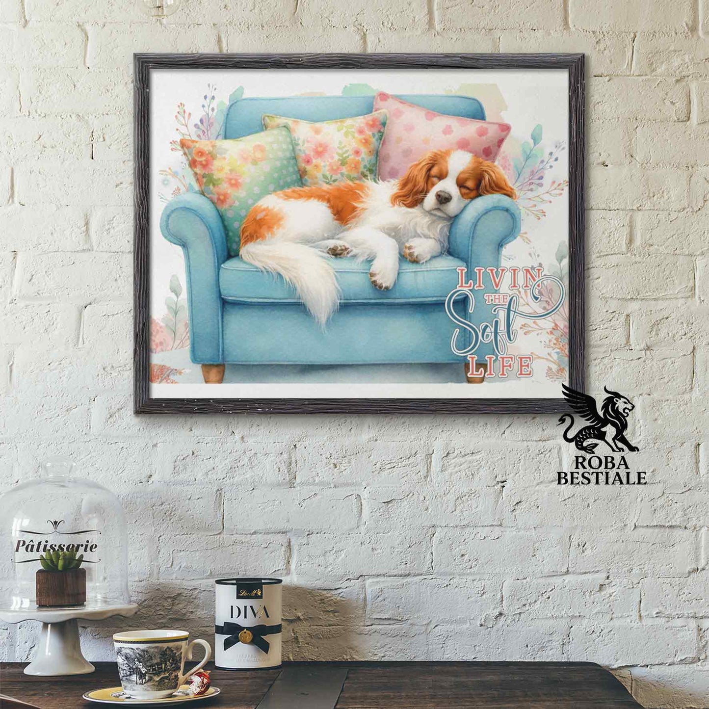 Quadretto SOFT LIFE - EPAGNEUL BRETON Bianco e Arancio - Con cornice in legno, formato A4