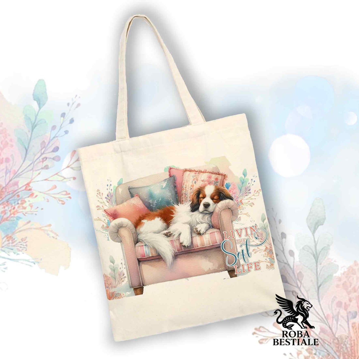Tote Bag SOFT LIFE - EPAGNEUL BRETON Bianco e Marrone - 100% Cotone - Bianca o Beige