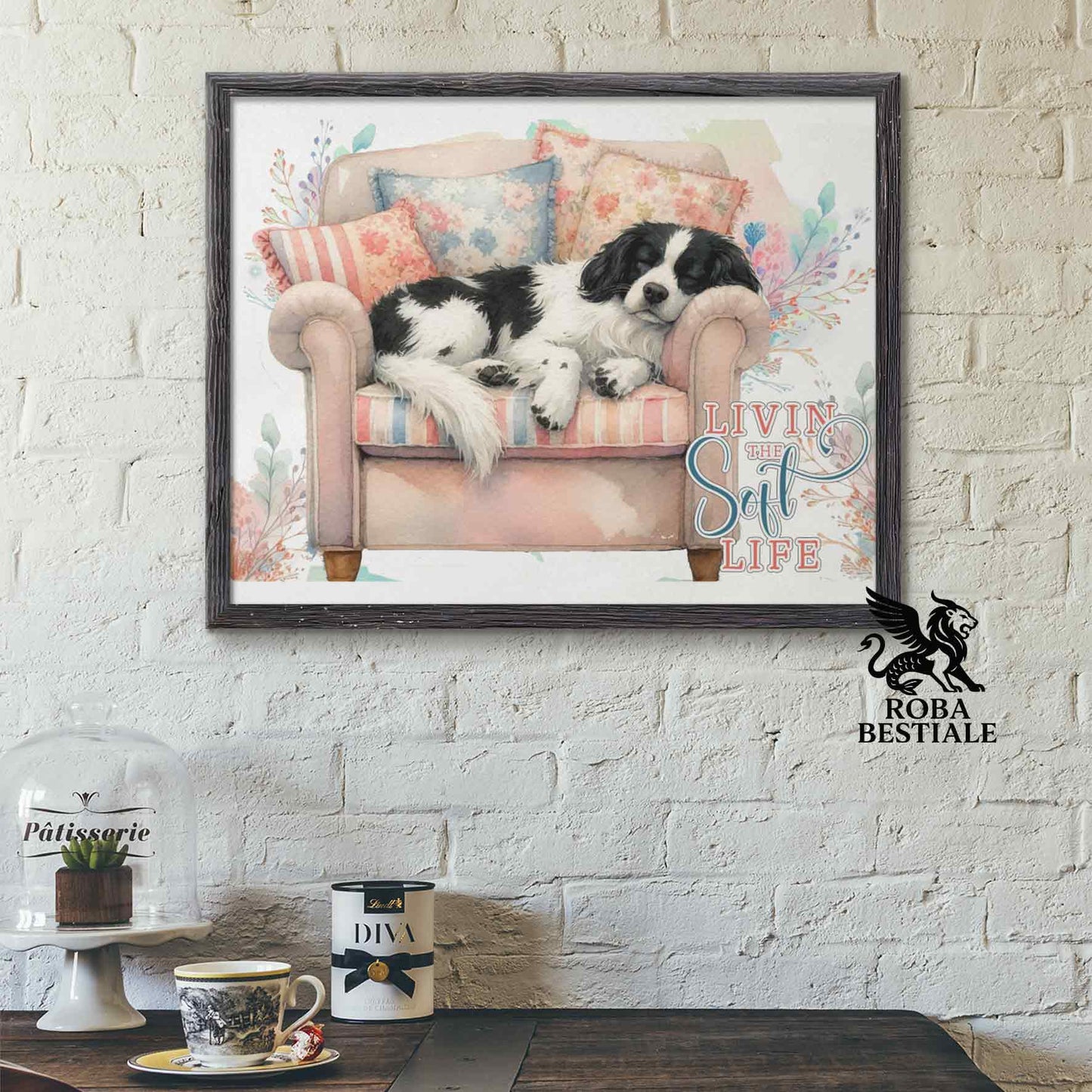 Quadretto SOFT LIFE - EPAGNEUL BRETON Bianco e Nero - Con cornice in legno, formato A4