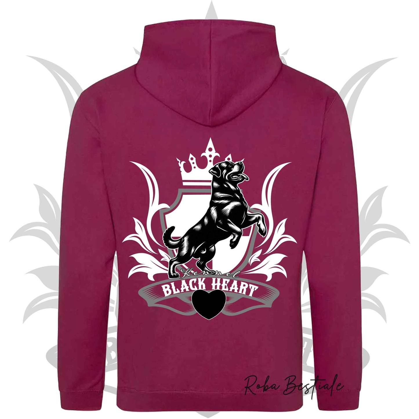 Felpa BLACK HEART Kennel - Tanti toni di ROSA! Felpata internamente, con Cappuccio - dalla XS alla 5XL