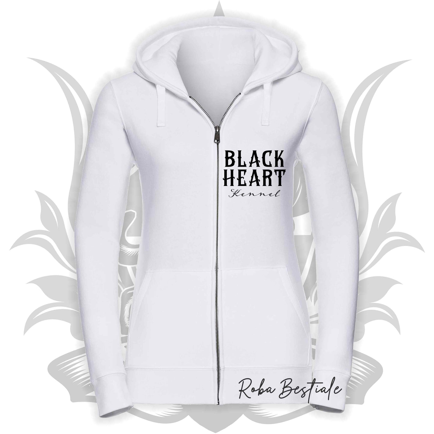Felpa BLACK HEART Kennel - BIANCA - Felpata, Con Cappuccio e Full Zip, Uomo o Donna - dalla XS alla 5XL
