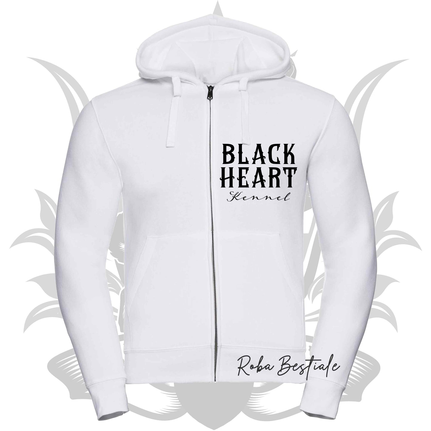Felpa BLACK HEART Kennel - BIANCA - Felpata, Con Cappuccio e Full Zip, Uomo o Donna - dalla XS alla 5XL