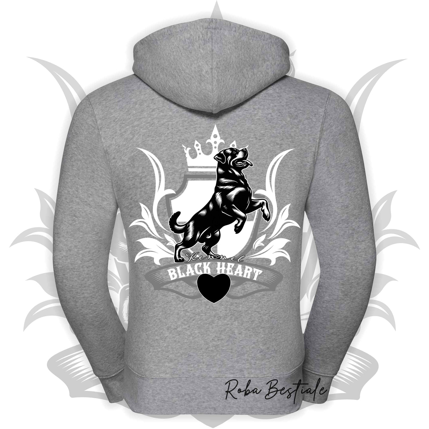 Felpa BLACK HEART Kennel - GRIGIO CHIARO - Felpata, Con Cappuccio e Full Zip, Uomo o Donna - dalla XS alla 5XL