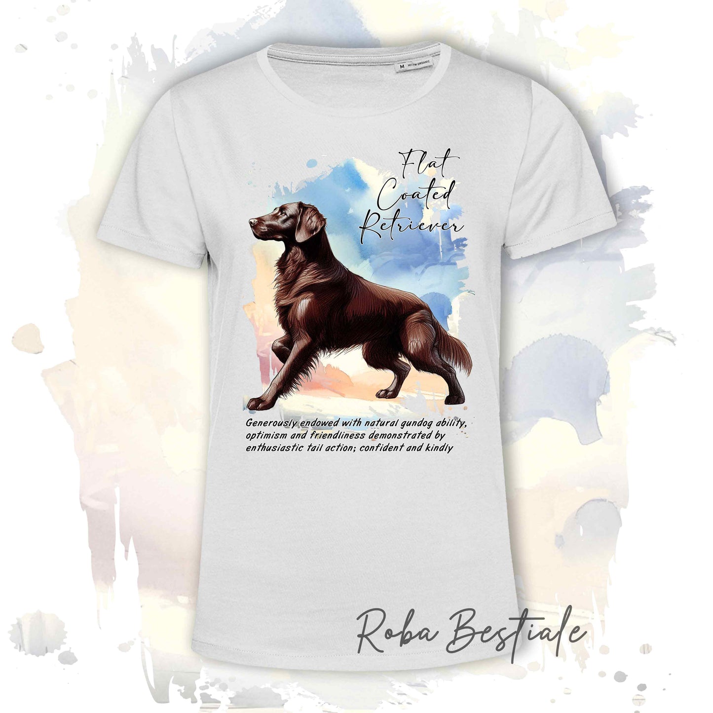 T-Shirt BEHAVIOR - FLAT COATED RETRIEVER Fegato - Standard FCI - 100% Cotone, Bianca, Uomo o Donna - dalla XS alla 5XL