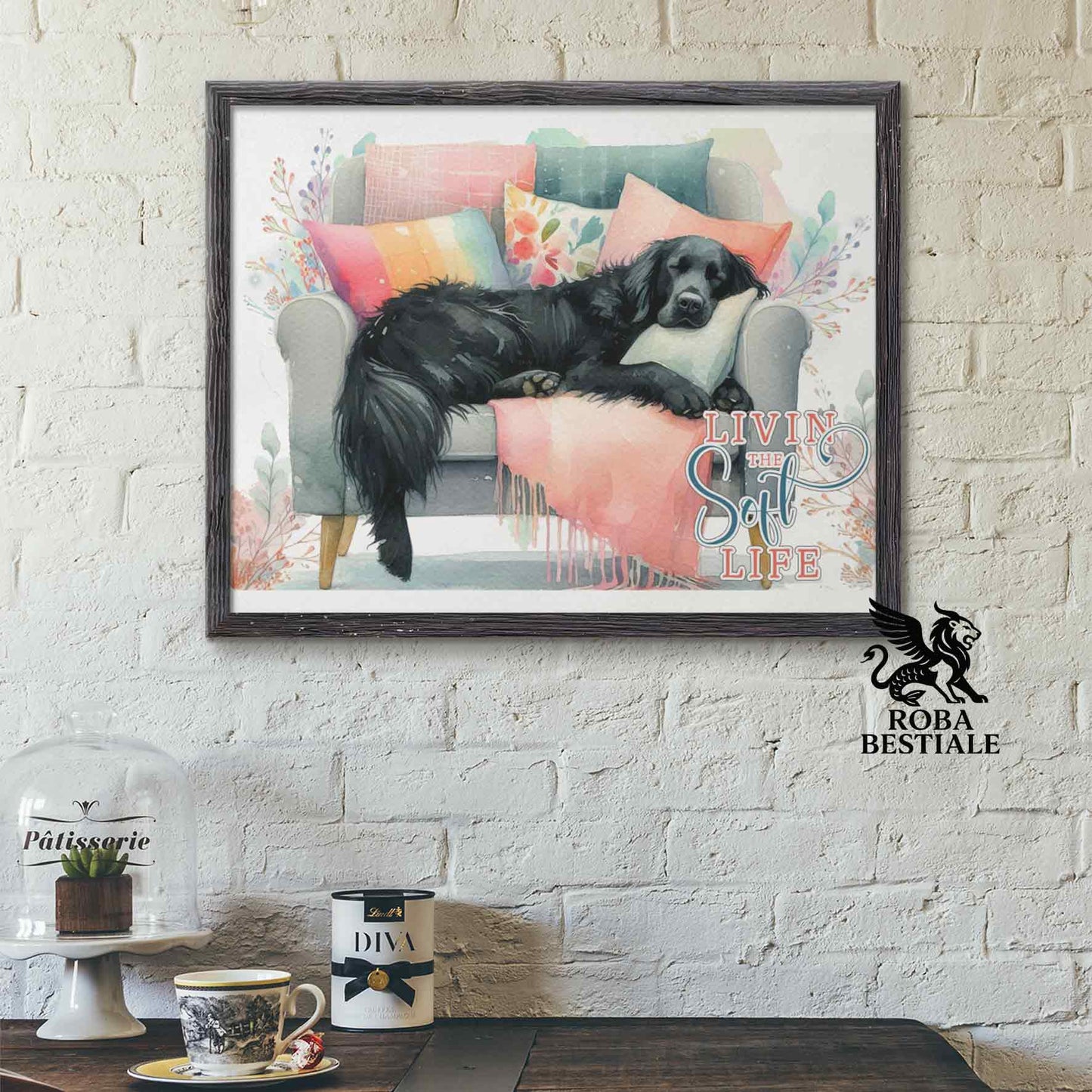 Quadretto SOFT LIFE - FLAT COATED RETRIEVER Nero - Con cornice in legno, formato A4
