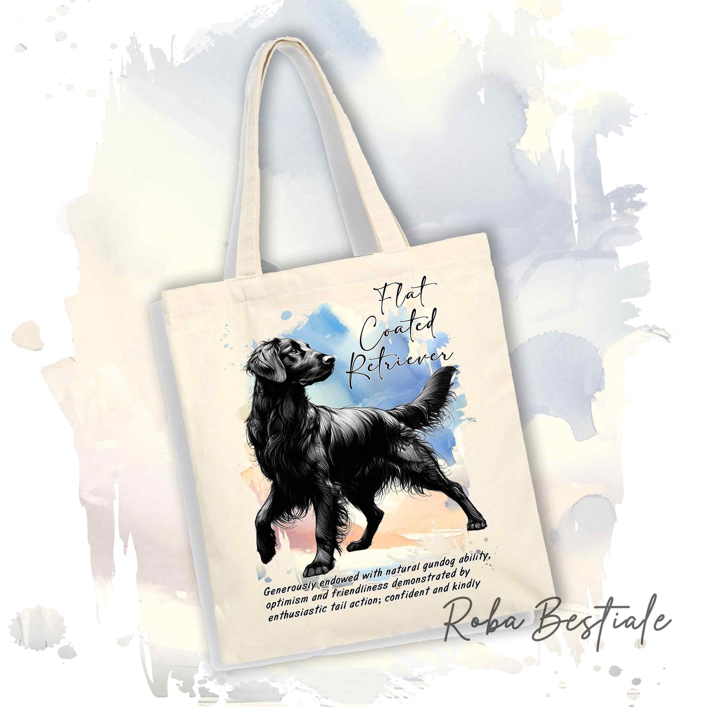 Tote Bag BEHAVIOR - FLAT COATED RETRIEVER Nero - Standard FCI - 100% Cotone - Bianca o Beige