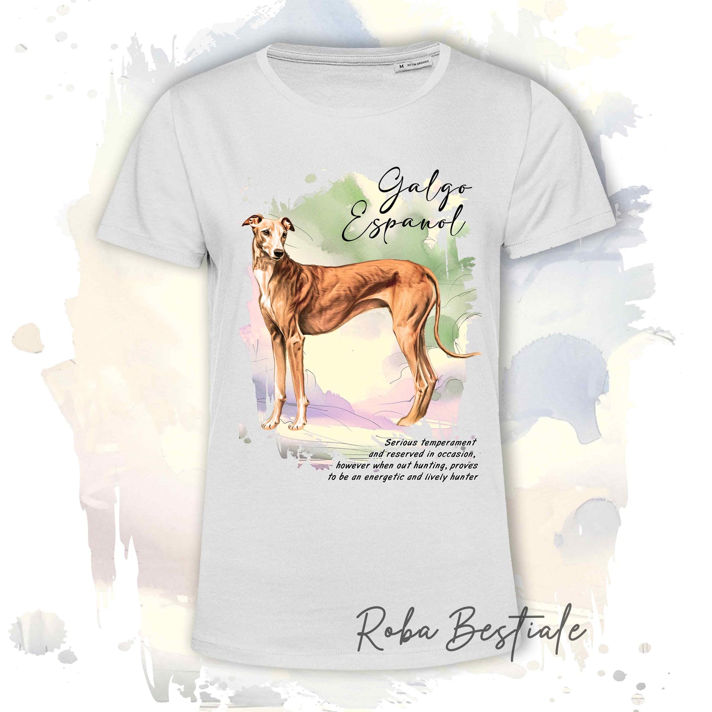 T-Shirt BEHAVIOR - GALGO ESPANOL Cannella - Standard FCI - 100% Cotone, Bianca, Uomo o Donna - dalla XS alla 5XL