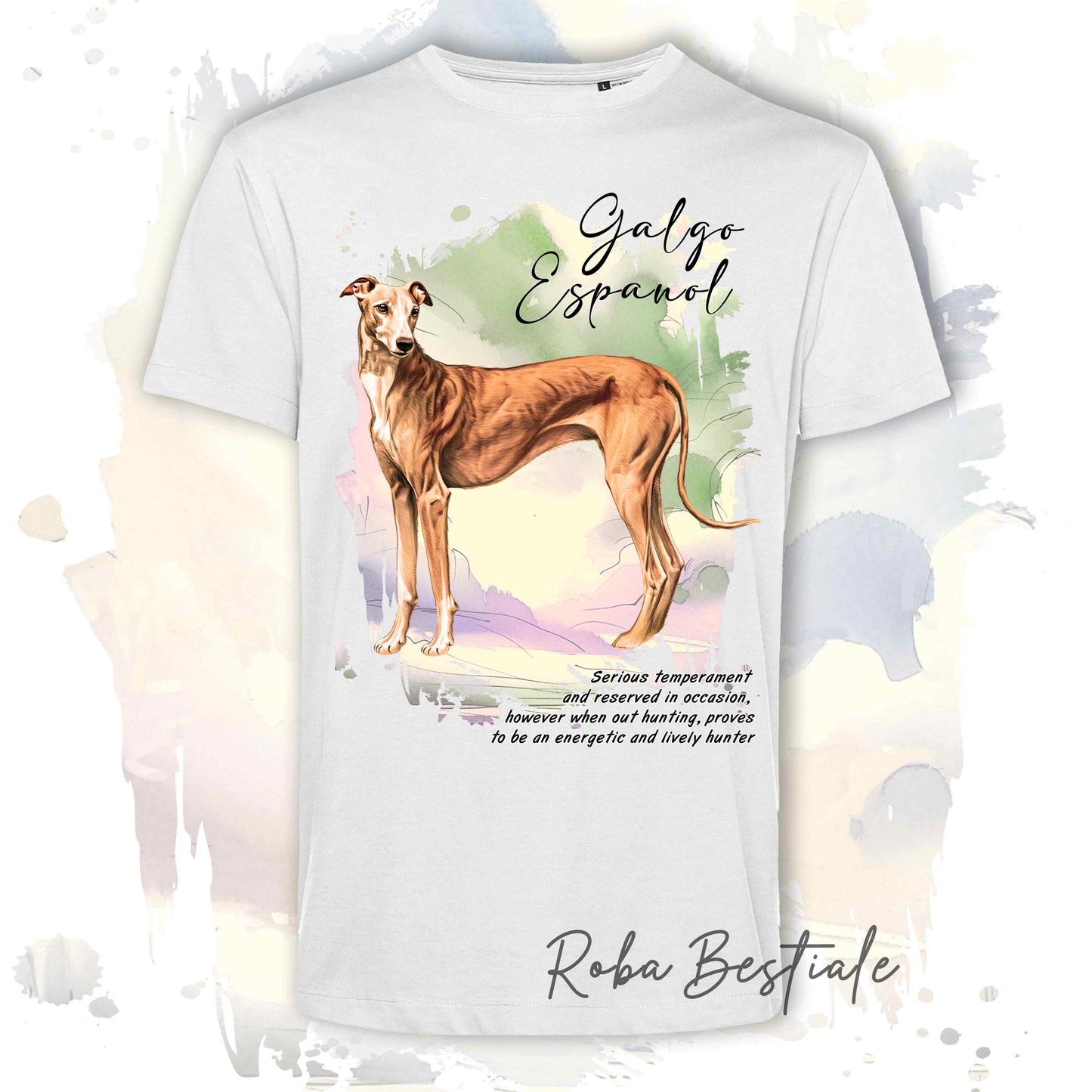 T-Shirt BEHAVIOR - GALGO ESPANOL Cannella - Standard FCI - 100% Cotone, Bianca, Uomo o Donna - dalla XS alla 5XL