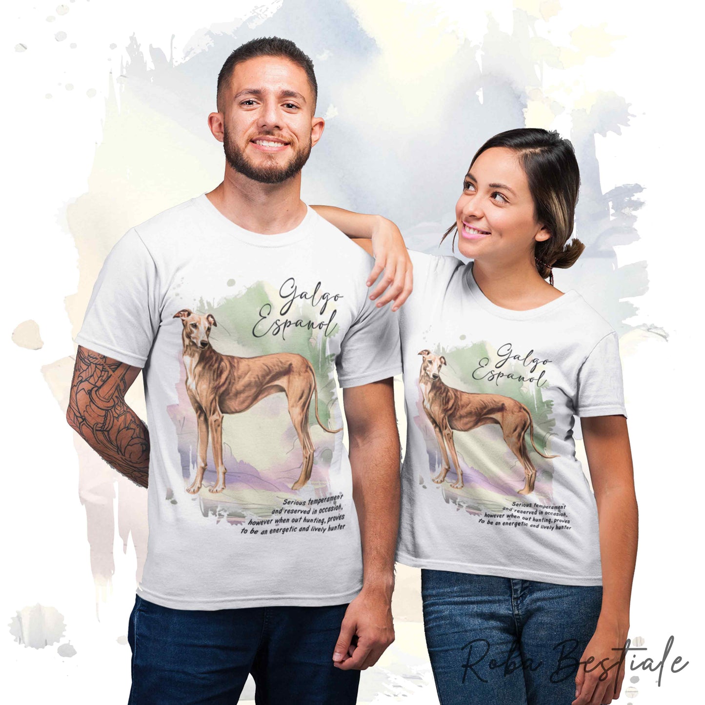T-Shirt BEHAVIOR - GALGO ESPANOL Cannella - Standard FCI - 100% Cotone, Bianca, Uomo o Donna - dalla XS alla 5XL