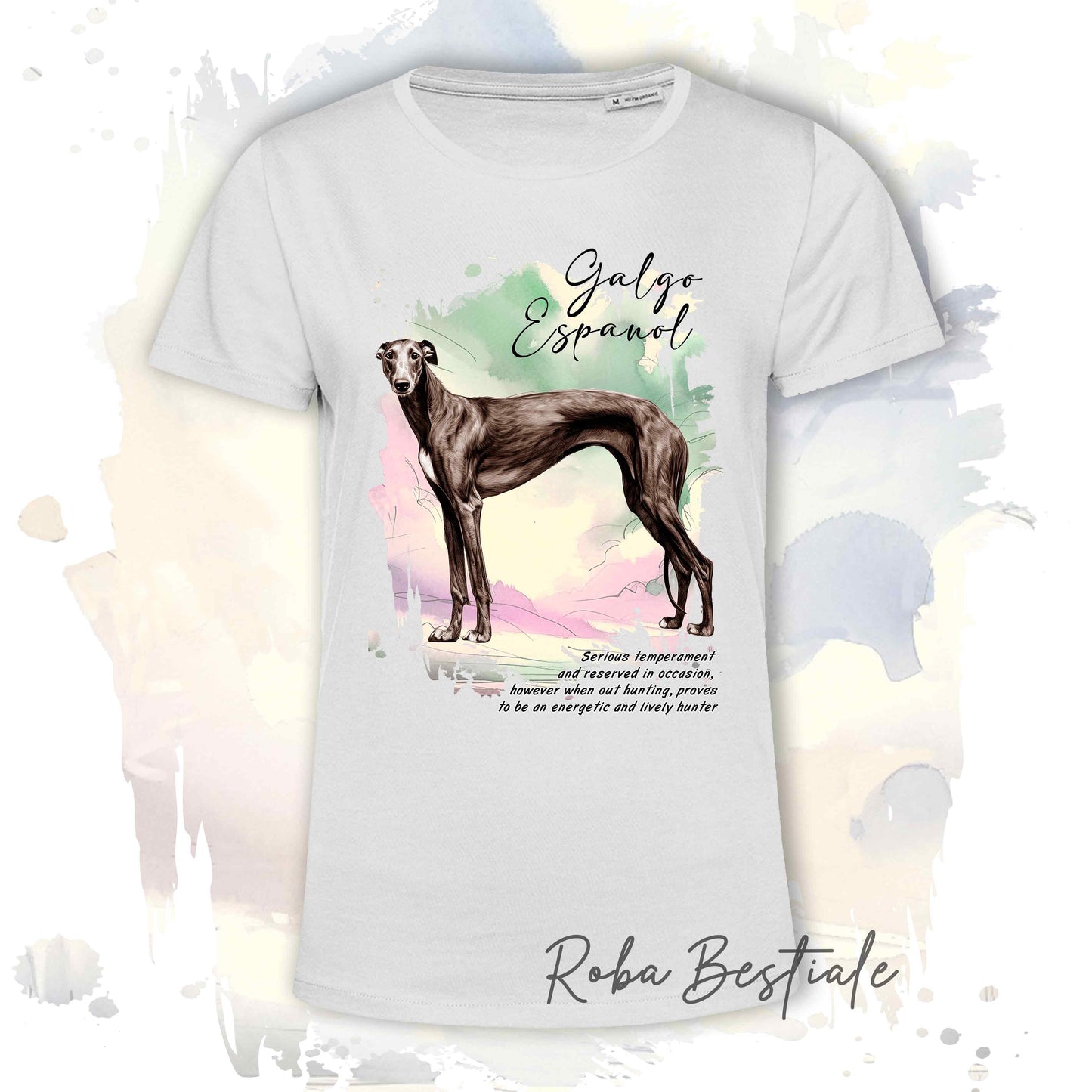 T-Shirt BEHAVIOR - GALGO ESPANOL Castano Bruciato - Standard FCI - 100% Cotone, Bianca, Uomo o Donna - dalla XS alla 5XL