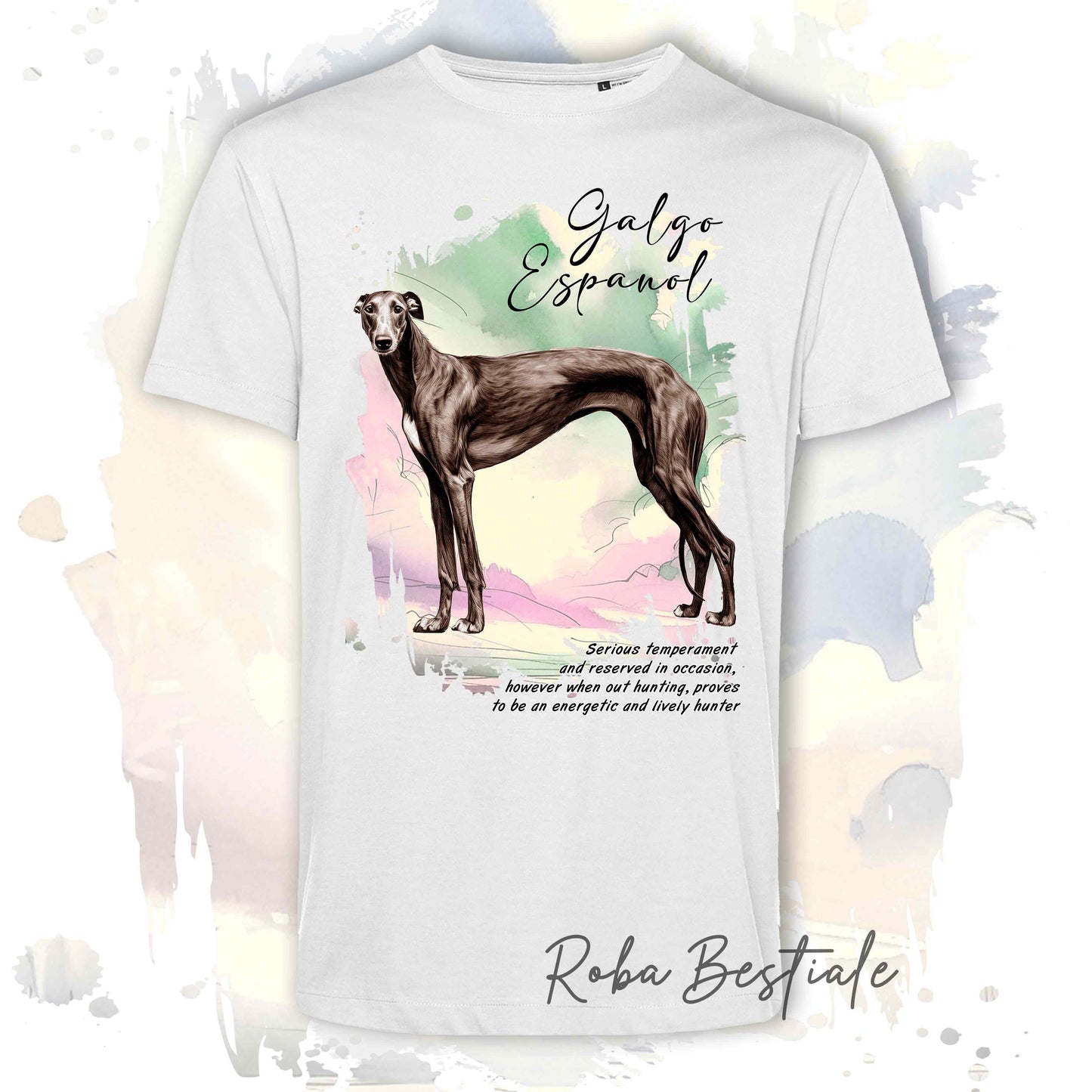 T-Shirt BEHAVIOR - GALGO ESPANOL Castano Bruciato - Standard FCI - 100% Cotone, Bianca, Uomo o Donna - dalla XS alla 5XL