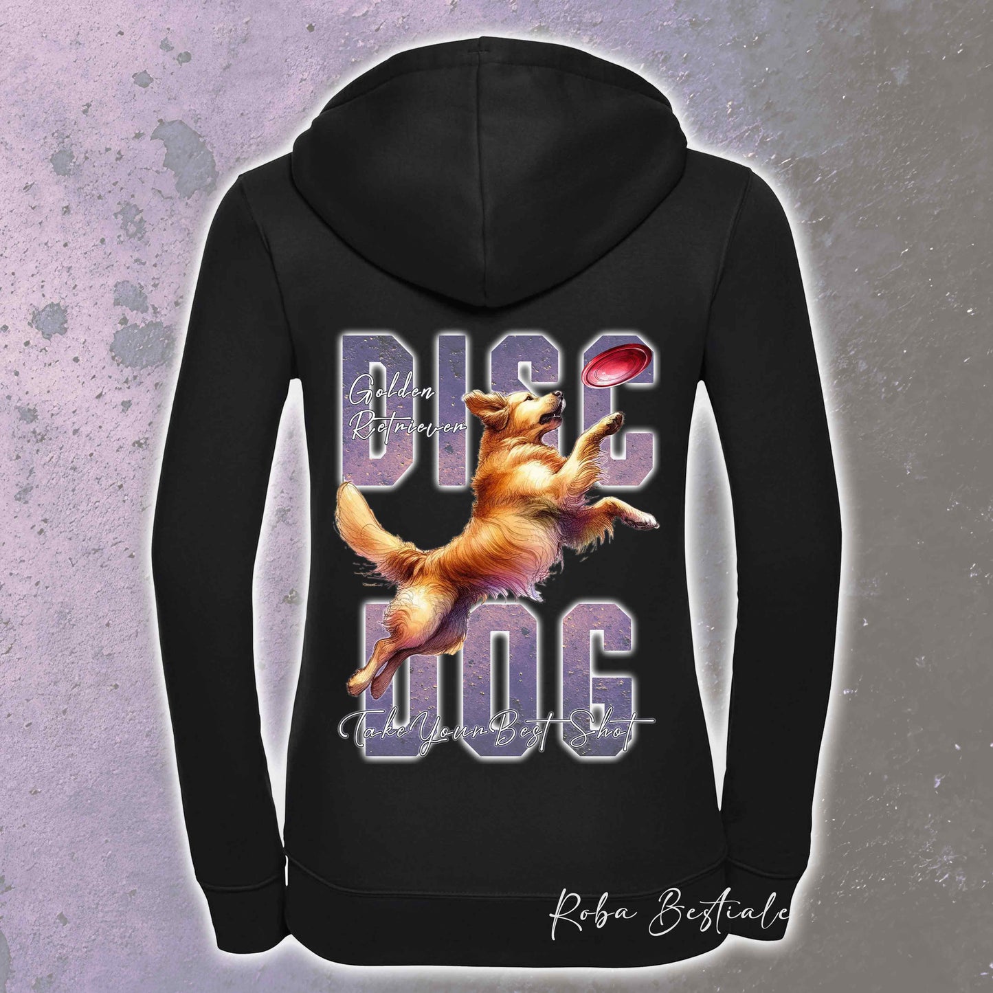 Felpa APTITUDE - DISC DOG - GOLDEN RETRIEVER - Con Cappuccio e Full Zip, Uomo o Donna, in tanti colori - dalla XS alla 5XL