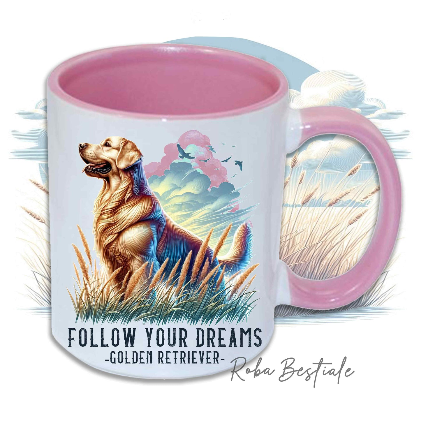Tazza QUOTES "DREAM" - GOLDEN RETRIEVER - In Ceramica, con manico e interno in diversi colori - 330 ml