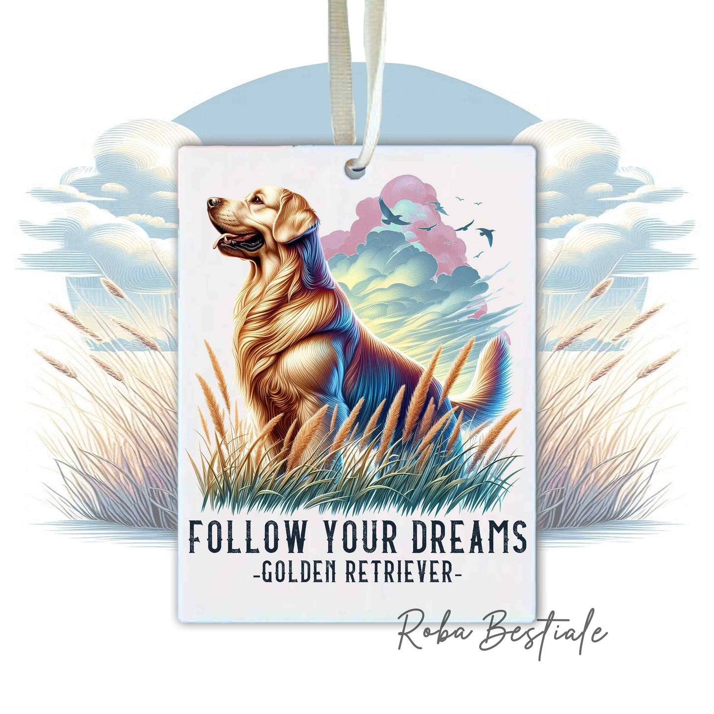 Deodorante Auto QUOTES "DREAM" - GOLDEN RETRIEVER - In Feltro, con cordino - 7,5 x 10 cm