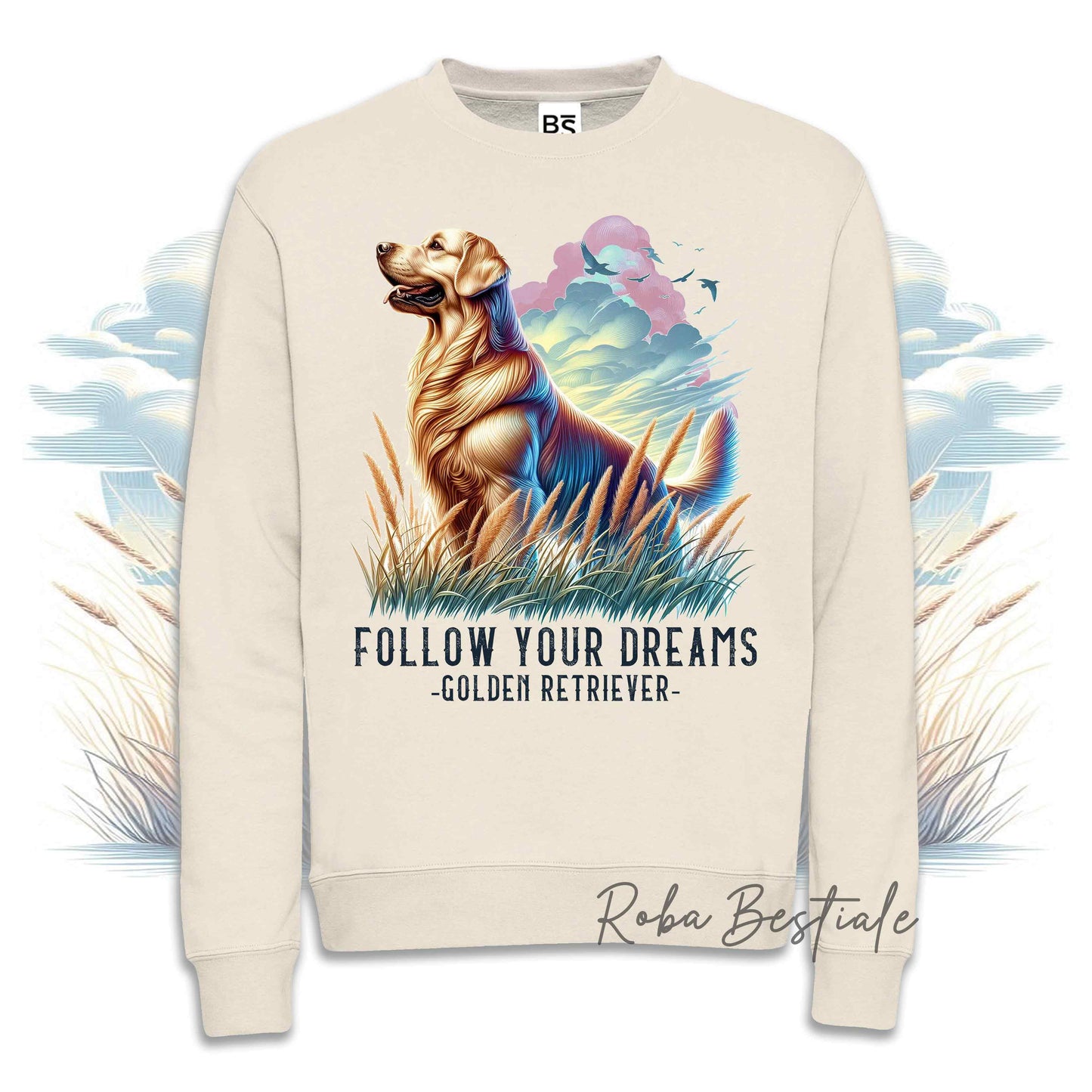 Felpa Invernale QUOTES "DREAM" - GOLDEN RETRIEVER - Girocollo, Unisex - Off White, Bianca o Grigia - dalla XS alla 3XL