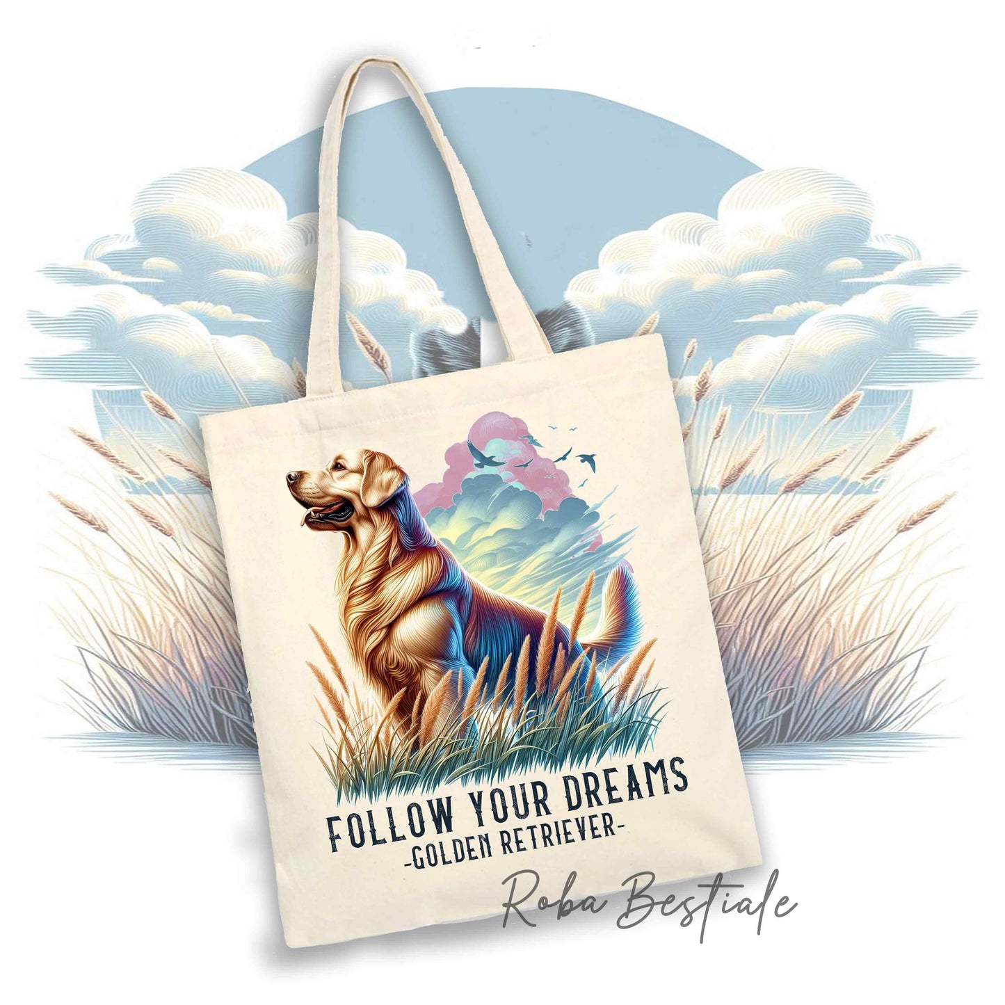 Shopper QUOTES "DREAM" - GOLDEN RETRIEVER - Diversi colori disponibili, 100% Cotone