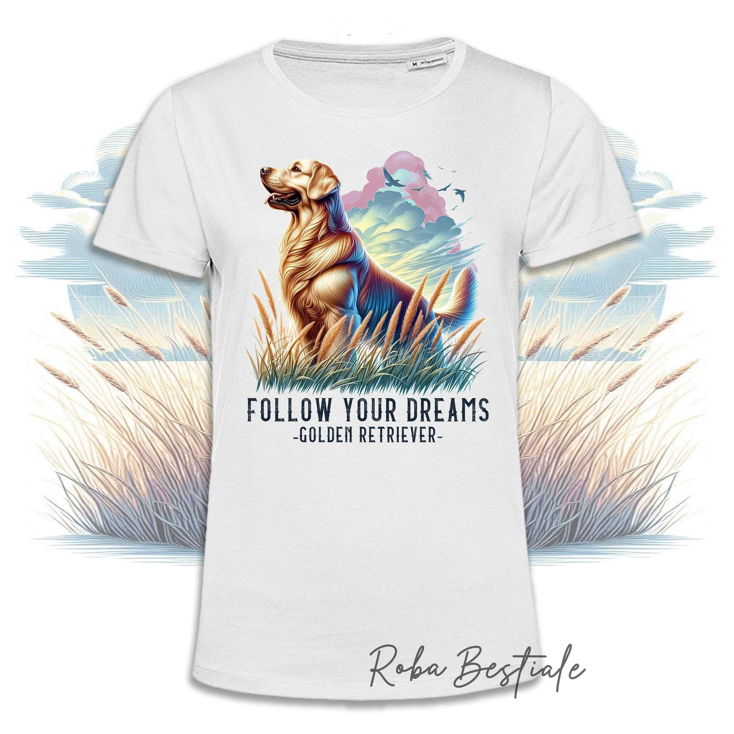 T-Shirt QUOTES "DREAM" - GOLDEN RETRIEVER - Bianca, Uomo o Donna - dalla XS alla 5XL