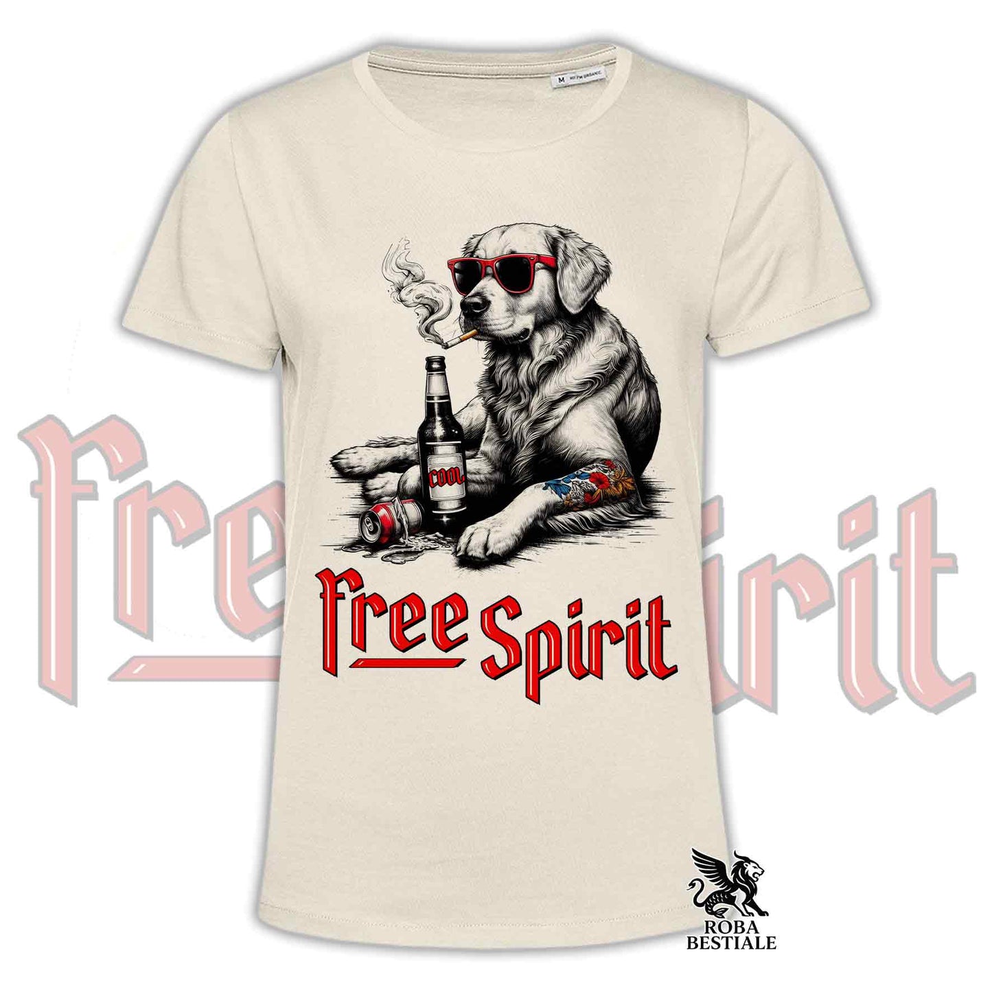 T-Shirt FREE SPIRIT - GOLDEN RETRIEVER - Bianca o Beige, da Uomo o da Donna - dalla XS alla 5XL