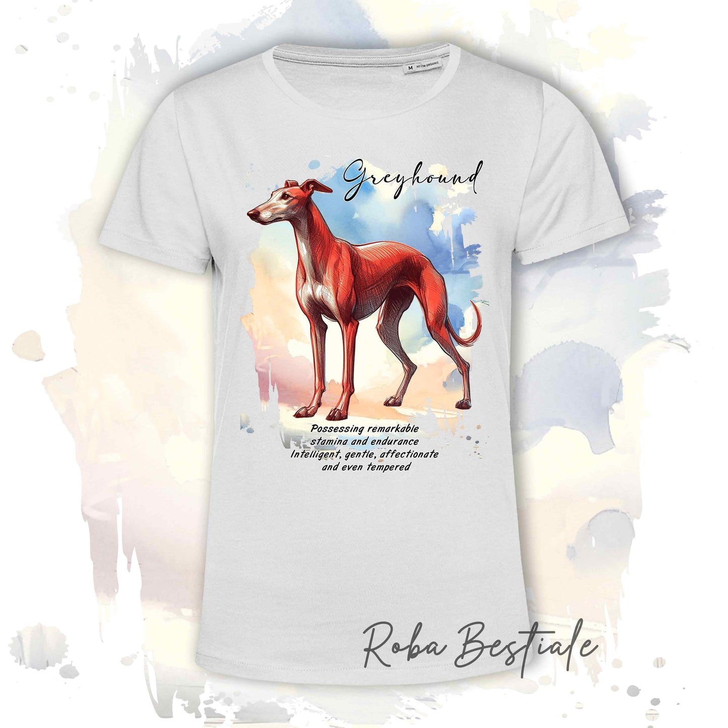 T-Shirt BEHAVIOR - GREYHOUND Rosso - Standard FCI - 100% Cotone, Bianca, Uomo o Donna - dalla XS alla 5XL