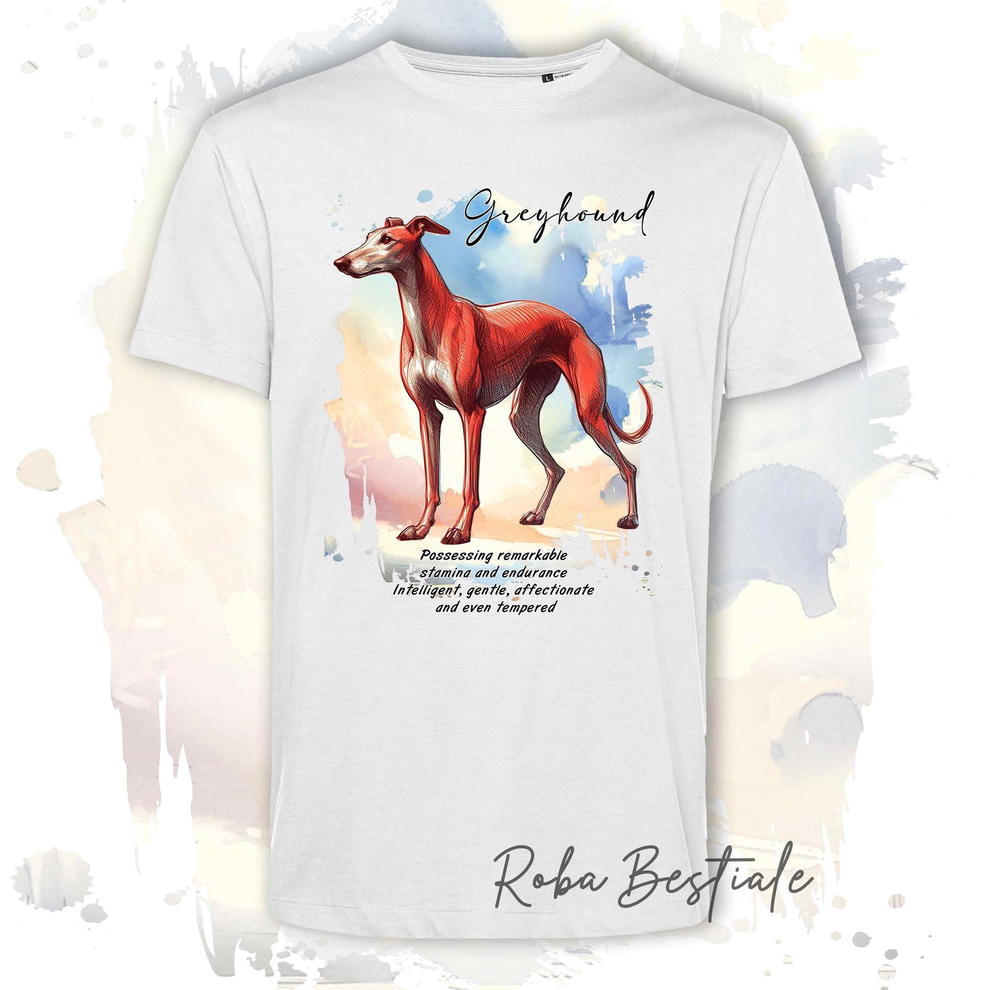 T-Shirt BEHAVIOR - GREYHOUND Rosso - Standard FCI - 100% Cotone, Bianca, Uomo o Donna - dalla XS alla 5XL