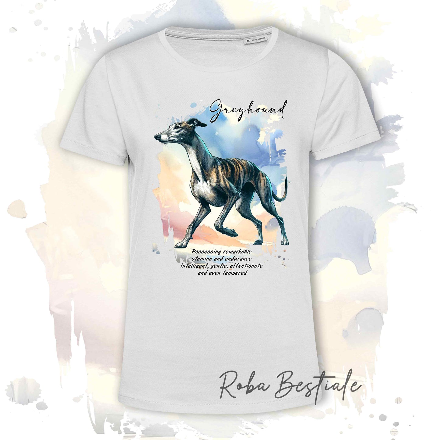 T-Shirt BEHAVIOR - GREYHOUND Tigrato - Standard FCI - 100% Cotone, Bianca, Uomo o Donna - dalla XS alla 5XL