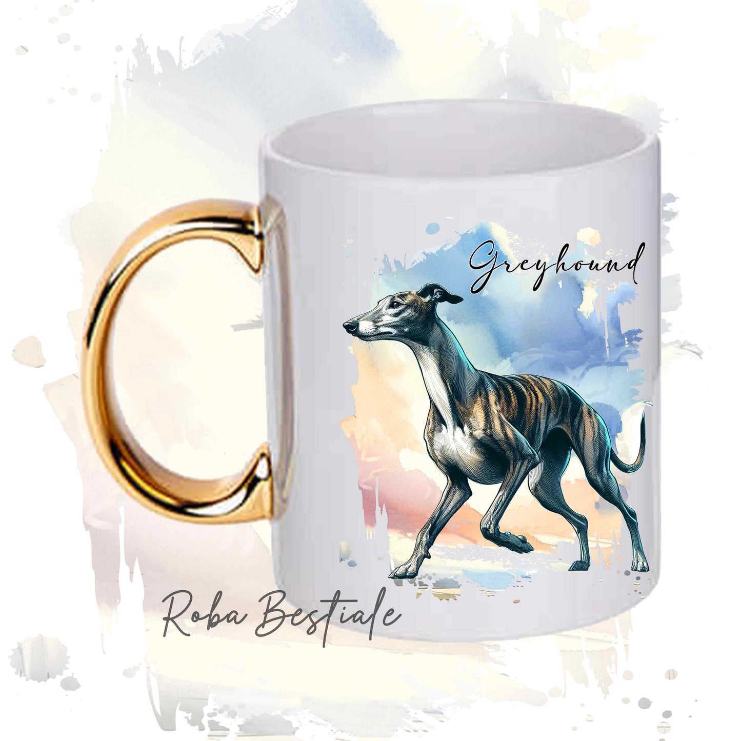 Tazza BEHAVIOR - GREYHOUND Tigrato - Standard FCI - In Ceramica, con manico dorato - 330 ml