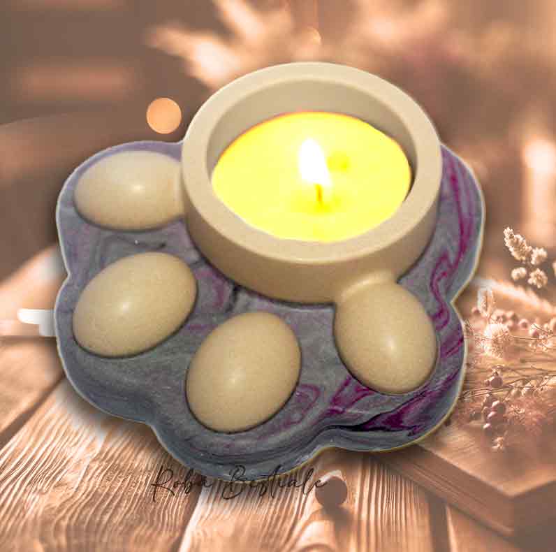 Porta Tea Light ZAMPINA - Base Grigio Marmorizzato Viola & dettagli Crema - in Jesmonite - 9x9 cm