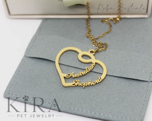 Collana KIRA PET JEWERLY - HEARTS - AUSTRALIAN SHEPHERD - In Acciaio Inox color ORO - Con catenella a maglia fine