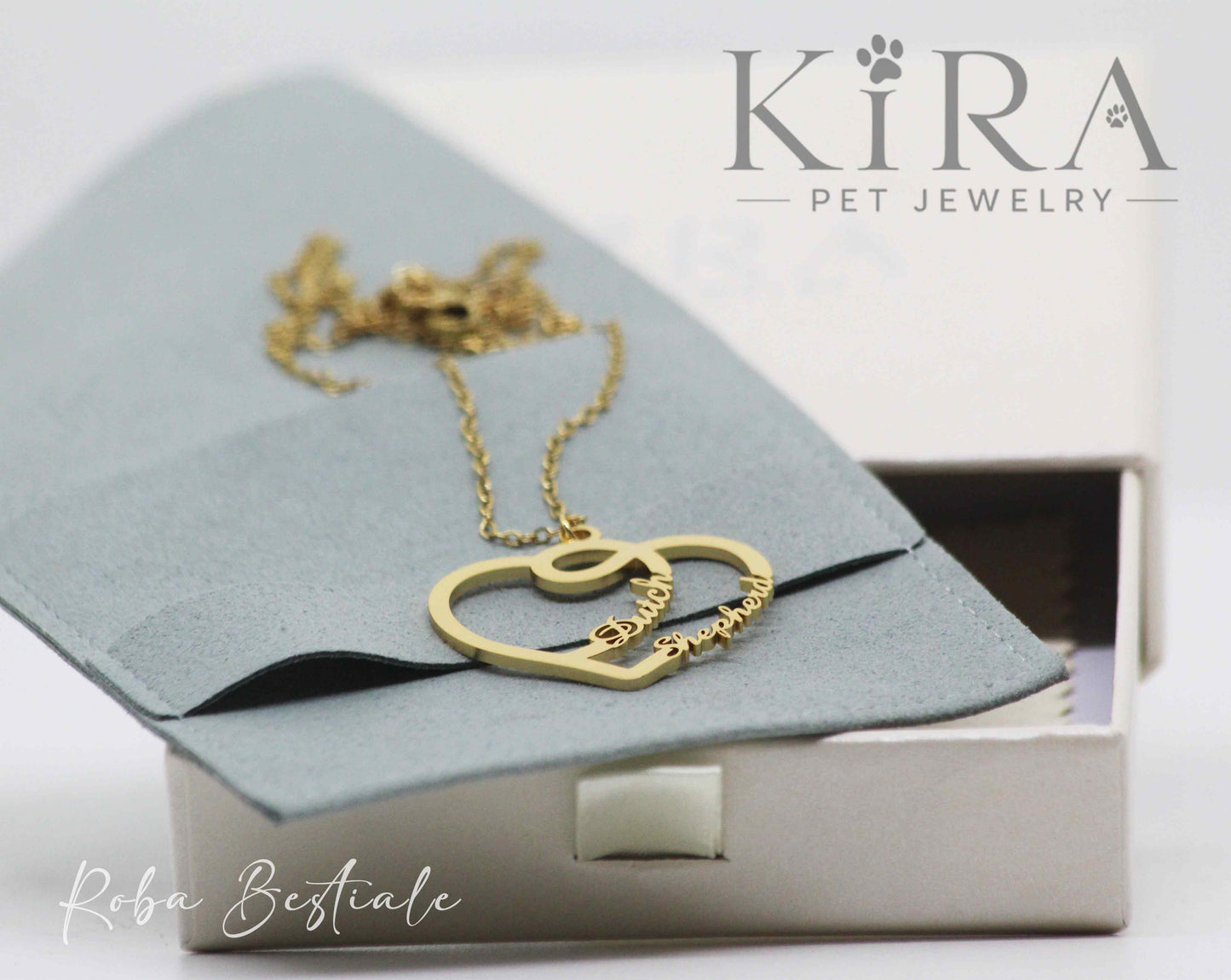 Collana KIRA PET JEWERLY - HEARTS - DUTCH SHEPHERD - In Acciaio Inox color ORO - Con catenella a maglia fine