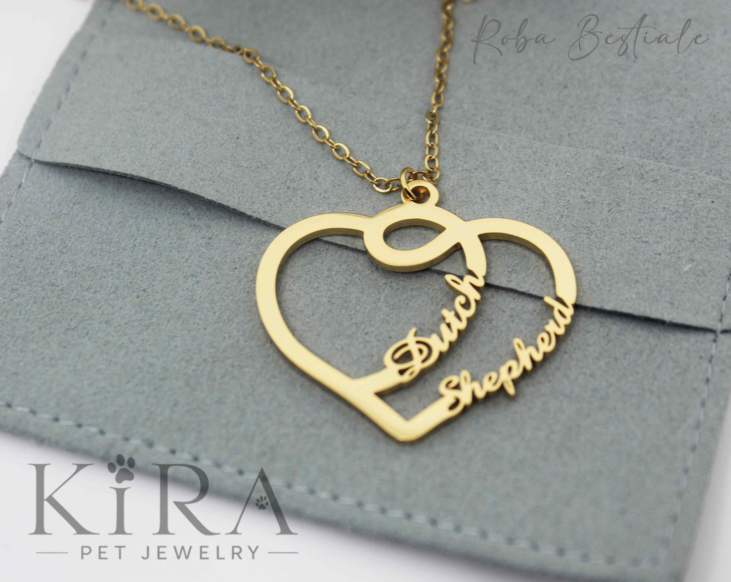 Collana KIRA PET JEWERLY - HEARTS - DUTCH SHEPHERD - In Acciaio Inox color ORO - Con catenella a maglia fine