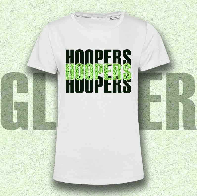 T-Shirt SOLO SCRITTE - HOOPERS - Bianca, scritta in Vinile GLITTER Ultra Brillante in colore a scelta - Uomo o Donna - dalla XS alla 5XL
