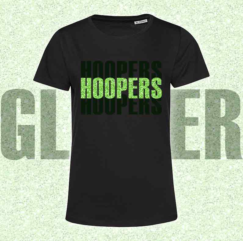 T-Shirt SOLO SCRITTE - HOOPERS - Nera, scritta in Vinile GLITTER Ultra Brillante in colore a scelta - Uomo o Donna - dalla XS alla 5XL